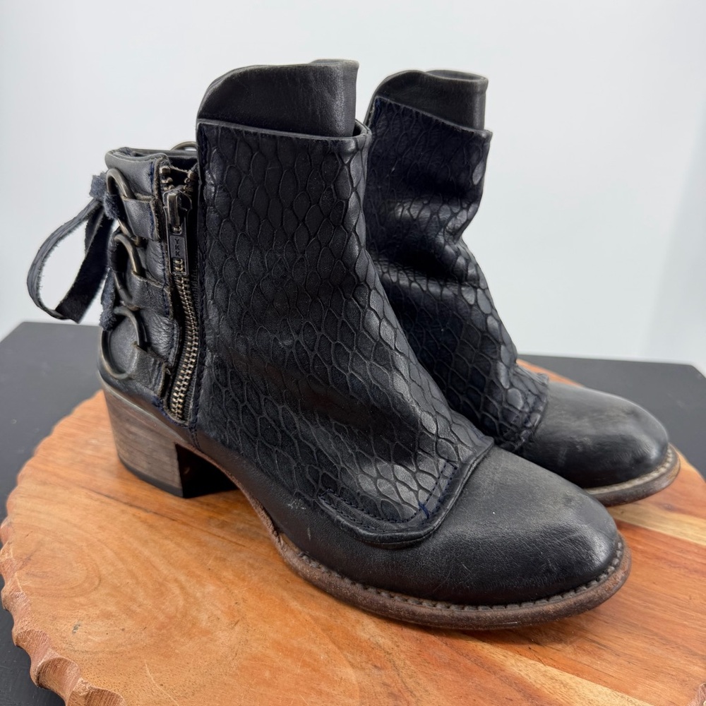 Women's Black Textured Ankle Boot with Side Zip and Buckle Detail